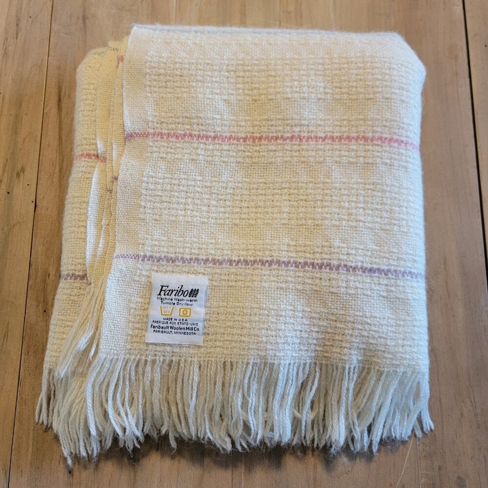Faribault Woolen Mills Faribo Blanket Striped‎ Ivory Wool Fringe 50" X 54" USA